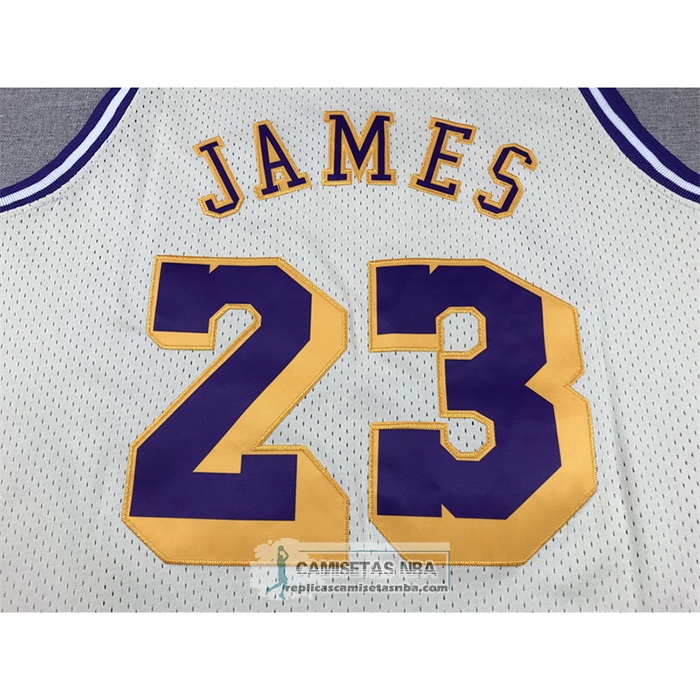 Camiseta Los Angeles Lakers Lebron James NO 23 Mitchell & Ness Chainstitch Crema